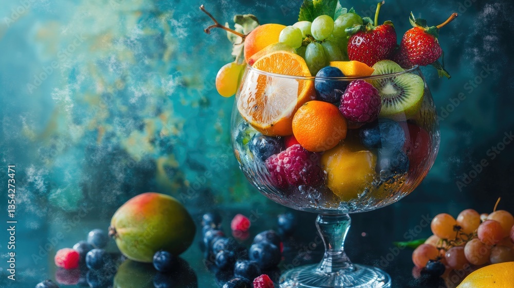 Poster a colorful glass goblet overflowing with fresh fruits, captured in a studio shot with soft lighting 