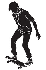 Black silhouette of skateboarder isolated on white background. Skateboard guy. Skateboarding trick ollie. Jump on skateboard