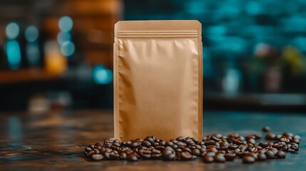 Brown coffee bag mockup with beans.