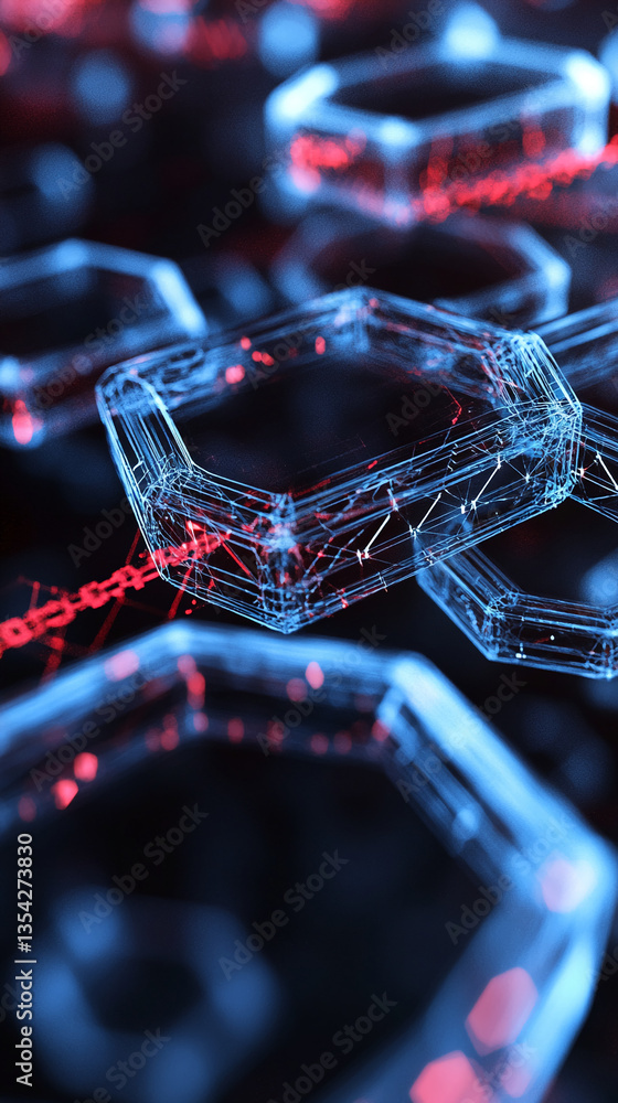 Poster abstract image of interconnected glowing blue and red hexagonal structures, creating a network-like 