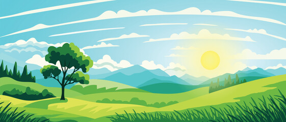 Obraz premium View of summer landscape, spring hills, green meadows and hills, sunny day, vector illustration