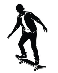 Black silhouette of skateboarder isolated on white background. Skateboard guy. Skateboarding trick ollie. Jump on skateboard