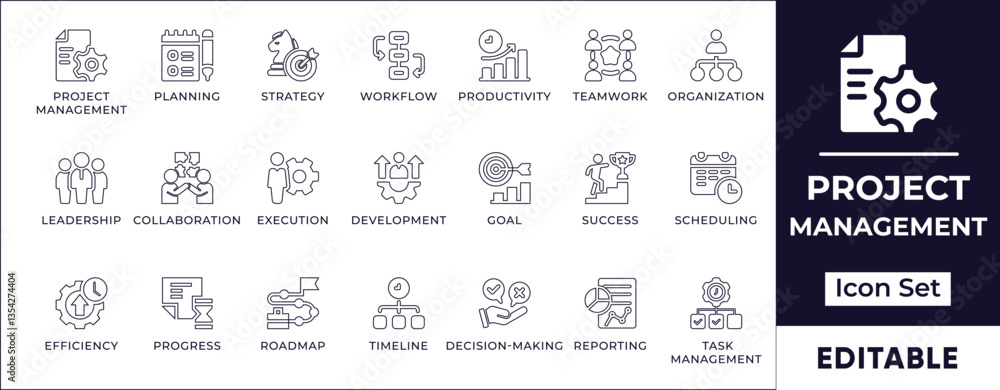 Poster minimal line icons representing project management, business strategy, workflow, productivity, plann