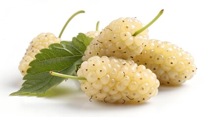 Close-up of Fresh White Mulberries – Juicy and Sweet Cluster of Ripe Berries with Green Leaf