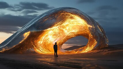 A solitary figure walking towards a glowing, wave-like structure in a surreal desert landscape at dusk