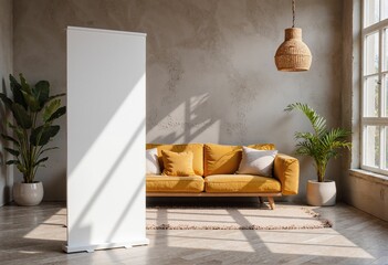 Mockup - modern interior with blank banner and yellow couch in bright room  