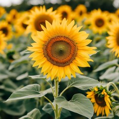 Fototapeta premium Bright yellow sunflowers in full bloom, featuring intricate details and vibrant petals, illuminated by warm natural light for a cheerful and fresh aesthetic.