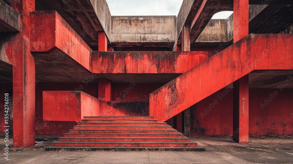 Poster A decaying red concrete structure with sharp geometric lines, emphasizing the beauty of weathered architecture and modern design aesthetics.