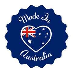 Made in Australia Badge Icon with Australian Flag in Map and Heart Shape.