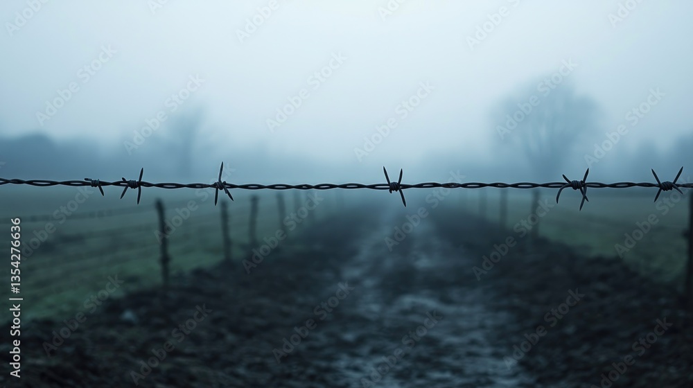Poster a dramatic shot of a barbed wire barrier stretching across an empty space, evoking feelings of confi