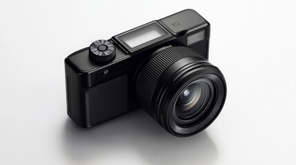 Modern black digital camera on a plain white background, ready for photography
