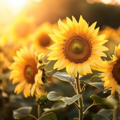 Obraz premium Bright yellow sunflowers in full bloom, with glowing golden tones and lush green stems, illuminated by soft sunlight for a lively and inviting vibe.