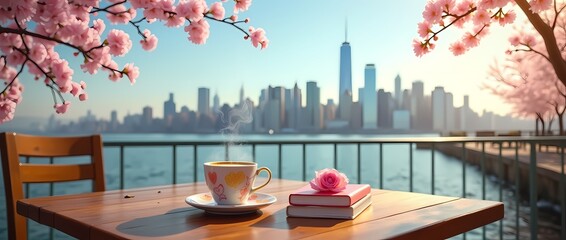 Obraz premium A cup of tea on a table with flowers and a morning atmosphere, showcasing a relaxing moment with a teacup and saucer