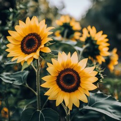 Fototapeta premium Bright yellow sunflowers in full bloom, with radiant petals and deep brown centers, surrounded by greenery, softly lit under a clear sky for a serene vibe.