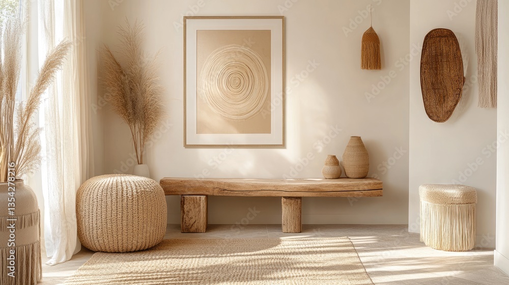 Poster a minimalist boho-style entryway in beige tones, with framed art and natural accents, creating a war