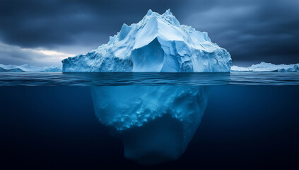 Obraz premium Majestic iceberg floating in calm waters under dramatic sky at twilight