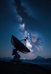 A stunning view of a satellite dish under a starry sky, showcasing the milky way on astronomy day, capturing the beauty of the cosmos and human engineering.