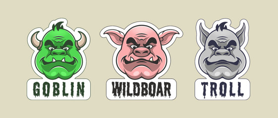 Vector set of color stickers. Cartoon scary ugly fanged eared and horned heads of goblin, wild boar and troll. Collection of toon brutal terrible monsters