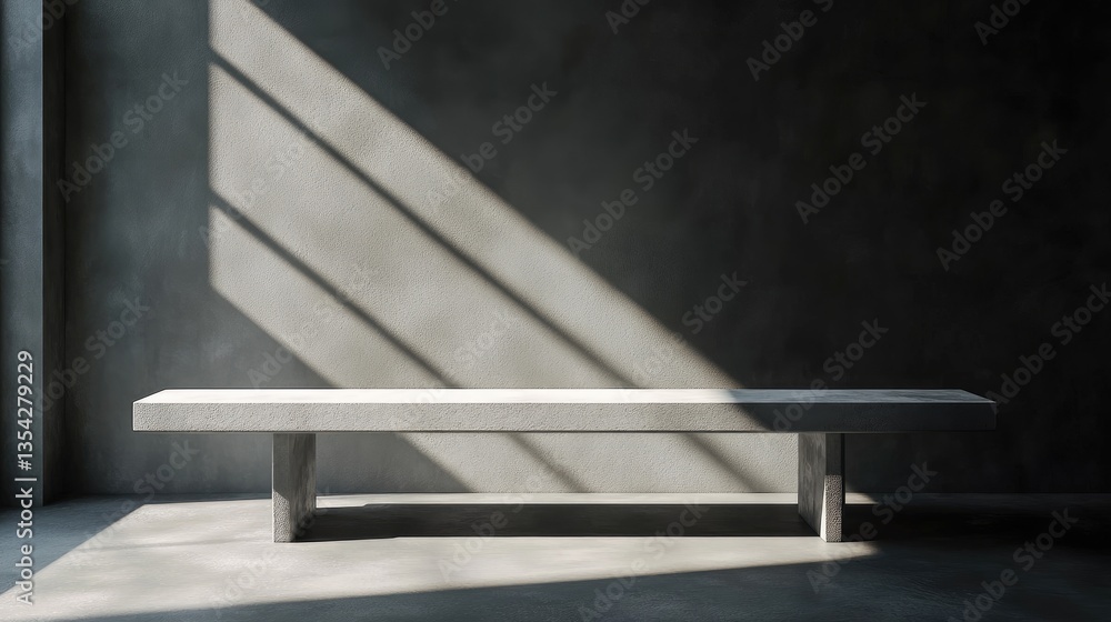 Poster A minimalist concrete bench sitting in a dark room with a stream of sunlight breaking through, casting soft shadows.