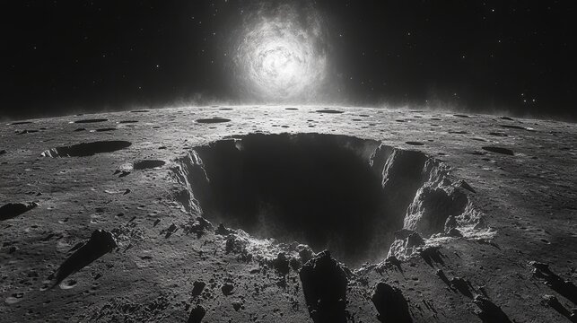 Massive asteroid collision causing explosive impact on lunar surface, forming two deep canyons radiating outward from epicenter with cosmic dust swirling dramatically in space