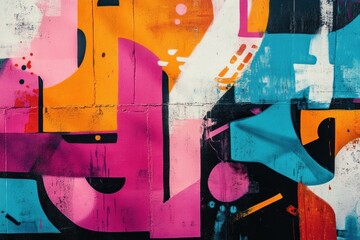 A graffiti wall featuring abstract shapes and vibrant colors. The energetic pop art style fills the space with an exciting backdrop that perfectly captures urban creativity and expression. 