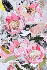 Vibrant Abstract Floral Art Featuring Pink Protea Blossoms in Mixed Media.