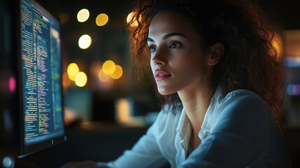 Obraz premium businesswoman working late in office mixed race professional in front of computer screens showing dedication corporate success digital effort and career focus