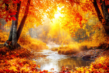 Golden Autumn Retreat: A Serene Forest Scene Evoking Peace and Wishful Contemplation