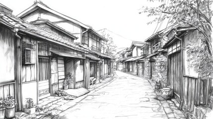 A peaceful, sketchy street scene in a Japanese town, featuring narrow alleys and traditional architecture that evoke tranquility and culture.