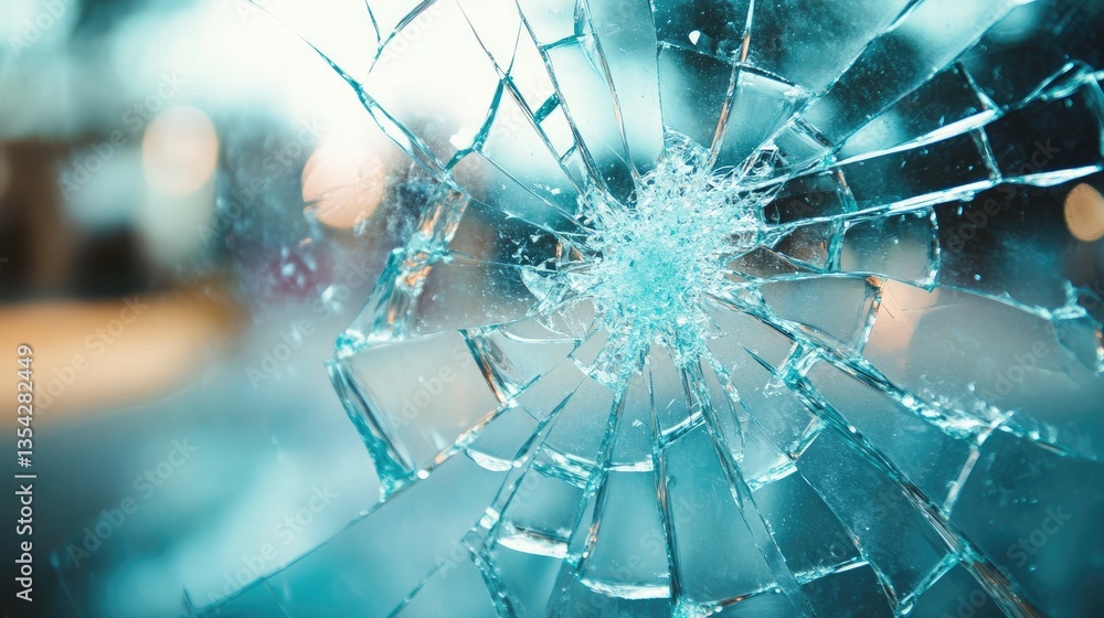 Poster a powerful close-up of broken window glass, showing the shattered pieces scattering with sharp, jagg