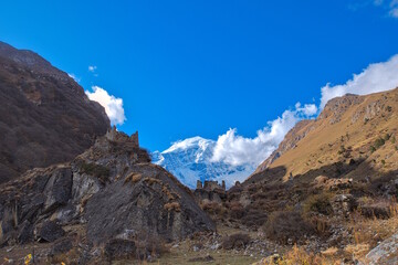 Fototapeta premium Campsite under the Mountain Jomolhari in Bhutan