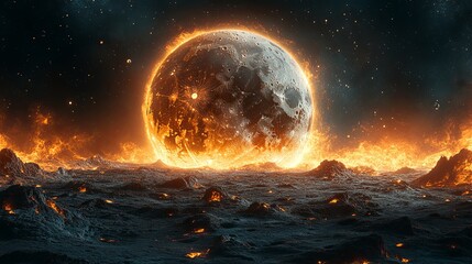 Spectacular depiction of glowing asteroid impact on moon surface with massive canyon formations illustrating dramatic cosmic celestial event, astronomy exploration