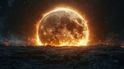 Spectacular depiction of glowing asteroid impact on moon surface with massive canyon formations illustrating dramatic cosmic celestial event, astronomy exploration