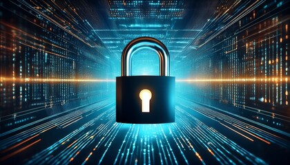 closed padlock protecting binary code data stream cybersecurity concept