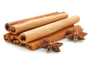 A pile of cinnamon sticks with star anise seeds