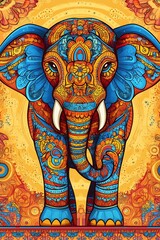 A Colorful Decorated Elephant Standing Frontally With Artistic Details