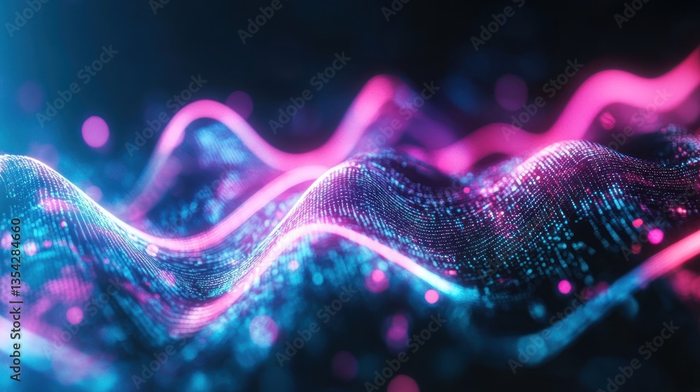 Poster glowing wave of digital particles in vibrant neon colors, warped surface on dark background. futuris