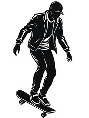 Silhouette of a man on a skateboard white background