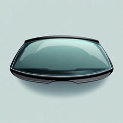 Car windshield in flat vector design, gently curved transparent glass with light highlights, black border, sharp clean edges, smooth shapes, isolated on a blank background, versatile and minimalist.
