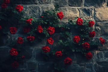 Red roses clinging to a stone wall. Lush greenery intertwining with vibrant blooms