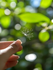 A delicate dandelion seed held gently in a persons fingers