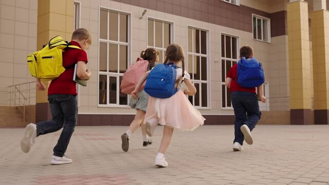 Back to school, children running to school, happy school kids, students with backpacks, first day of school, education and childhood, school building exterior, kids rushing to class, children running