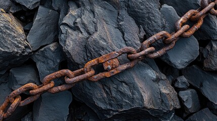 A rusty chain lying on rough, dark rocks in an industrial landscape, conveying a sense of history and wear in a stark environment.