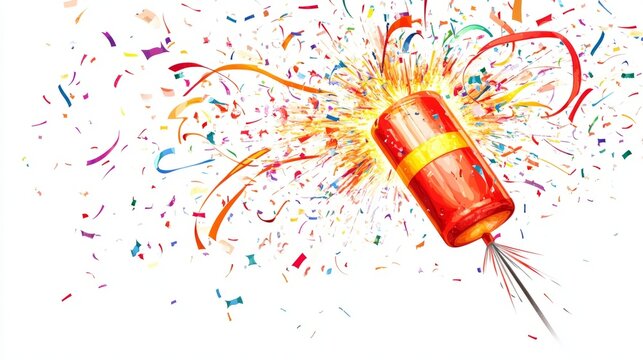 Cartoon firecracker designed in a bold red and yellow theme, exploding with swirling ribbons and colorful confetti on a clean white background for celebration.