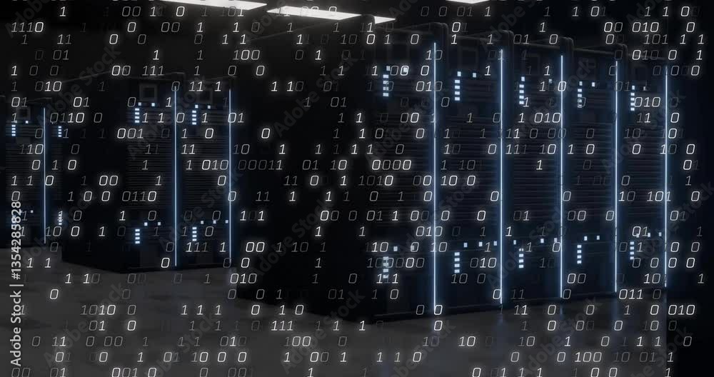 Poster binary code animating over servers in data center environment, showcasing technology