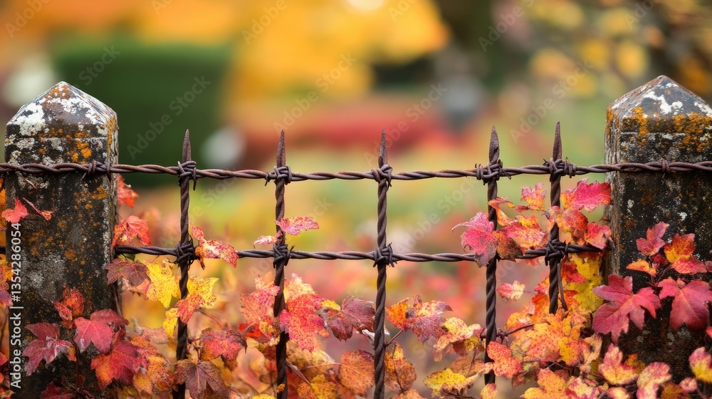 Poster a rusty spring-ring fence with barbed wire surrounding an autumnal garden, with vibrant fall foliage