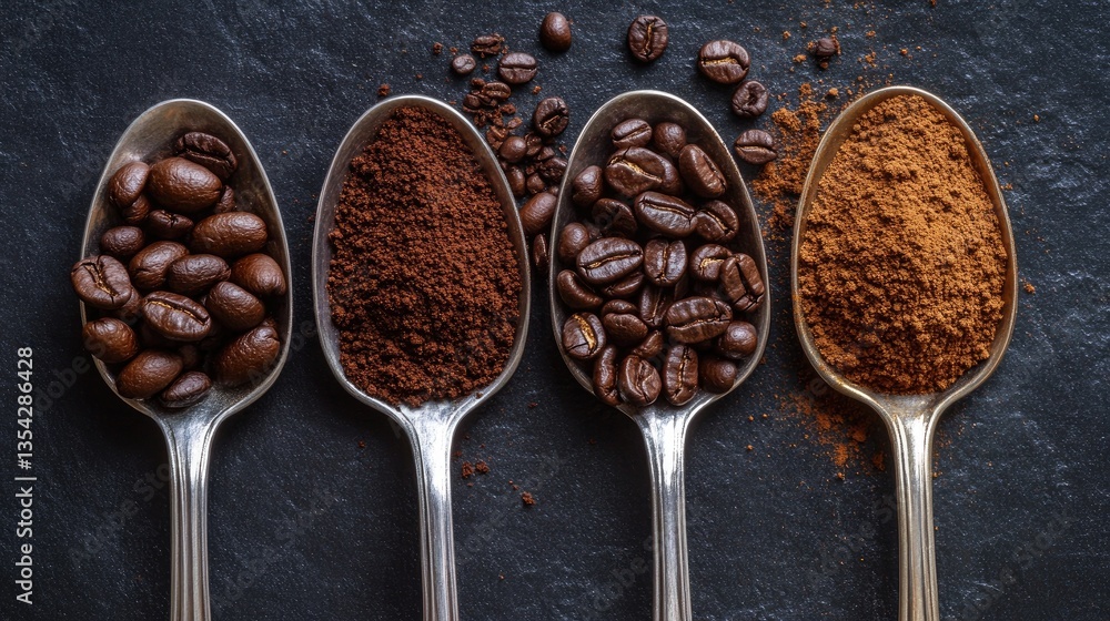 Poster a selection of four spoons with varying types of ground coffee beans and powder, highlighting the ri