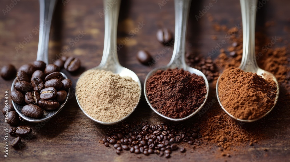 Poster a selection of four spoons with varying types of ground coffee beans and powder, highlighting the ri