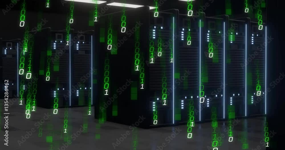 Poster binary code flowing over servers in data center environment, showcasing technology