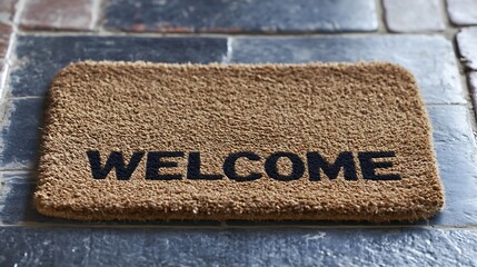 Tan welcome mat on stone floor.